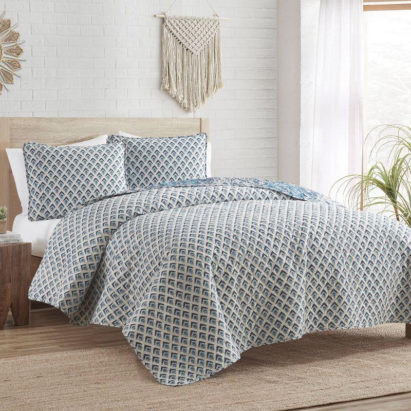 VCNY 2pc Twin Denim Boho Medallion Reversible Quilt Set: Microfiber, Hypoallergenic, No Fill