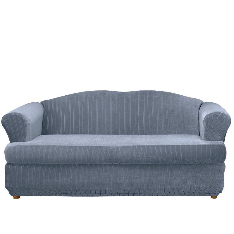 French Blue Stretch Pinstripe T Cushion Sofa Slipcover