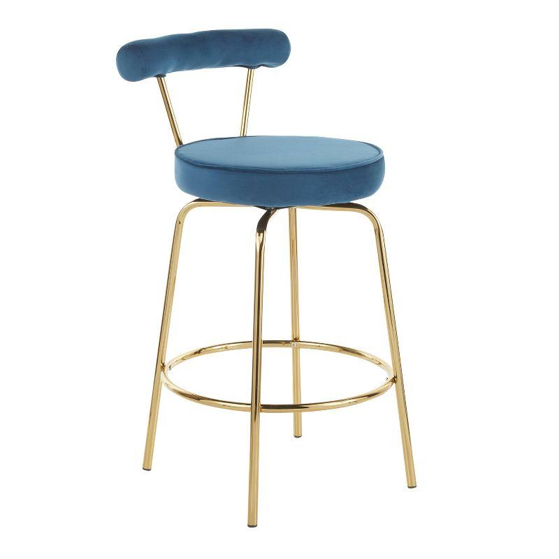 Set of 2 Rhonda Glam Counter Height Barstools Blue Velvet - LumiSource: Gold Finish, Metal Frame, Swivel, 25.5" Seat Height