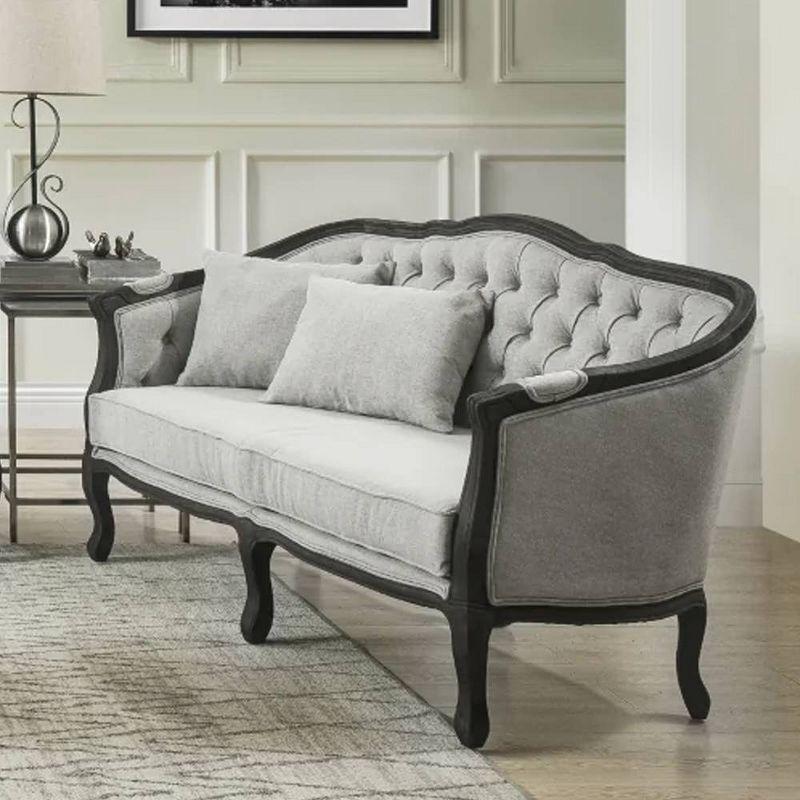 64" Gray Linen Camel-Back Sofa with Dark Brown Carved Wood Frame