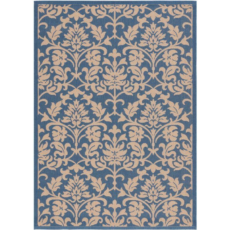 Blue and Natural Floral Motif Rectangular Outdoor Rug