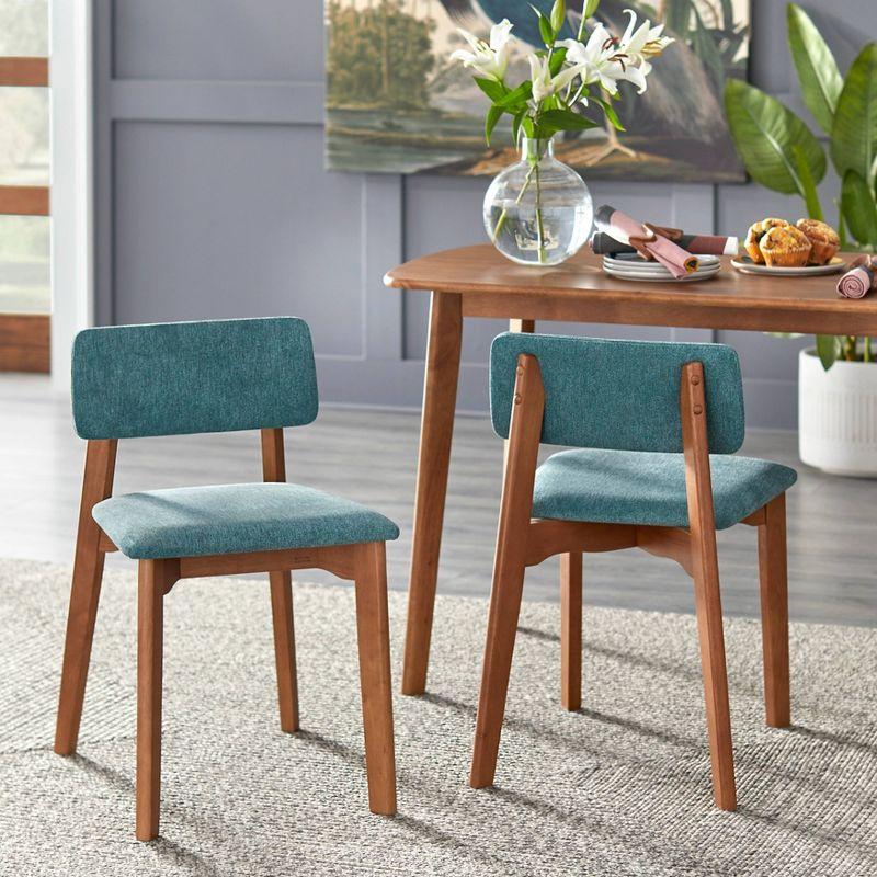 Set of 2 Teal Upholstered Mid-Century Modern Side Chairs with Walnut Legs