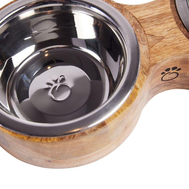 Small Mango Wood Elevated Double Pet Feeder with Stainless Steel Bowls