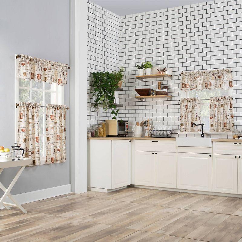 Ivory Coffee Shop Print Semi-Sheer Rod Pocket Kitchen Curtain Set