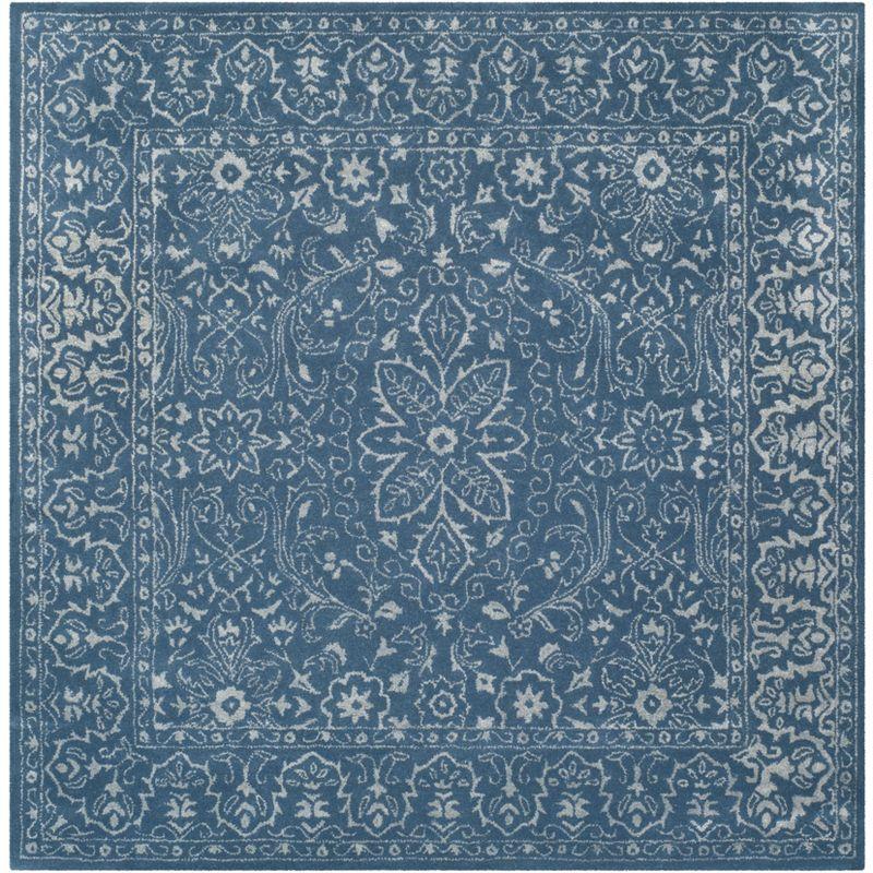 Elegant Grey and Blue Square Wool Area Rug - 6' x 6' Hand-Tufted