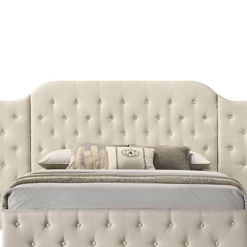 Beige Linen Upholstered Queen Bed with Tufted Headboard and Storage Drawer