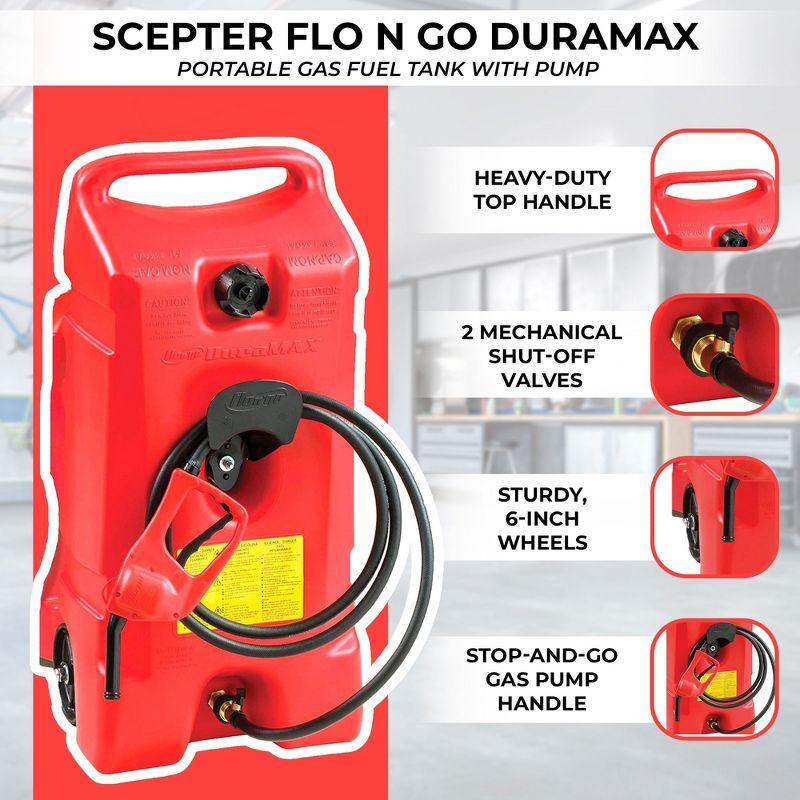 Scepter Flo N' Go Duramax 14 Gallon Portable Gas Fuel Tank, Container Caddy Can with LE Fluid Transfer Siphon Pump and 10 Foot Long Hose, Red, 2-Pack