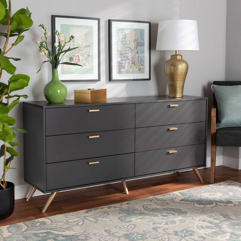 Kelson Wood 6 Drawer Dresser Dark Gray/Gold - Baxton Studio: Modern Storage Furniture for Bedroom