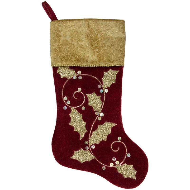 20.5-Inch Velvet Gold and Maroon Etched Cuff Christmas Stocking