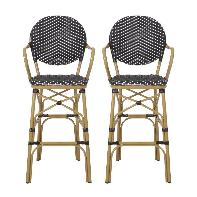 GDFStudio Danberry Outdoor Wicker and Aluminum 29.5 Inch French Barstools (Set of 2), Black