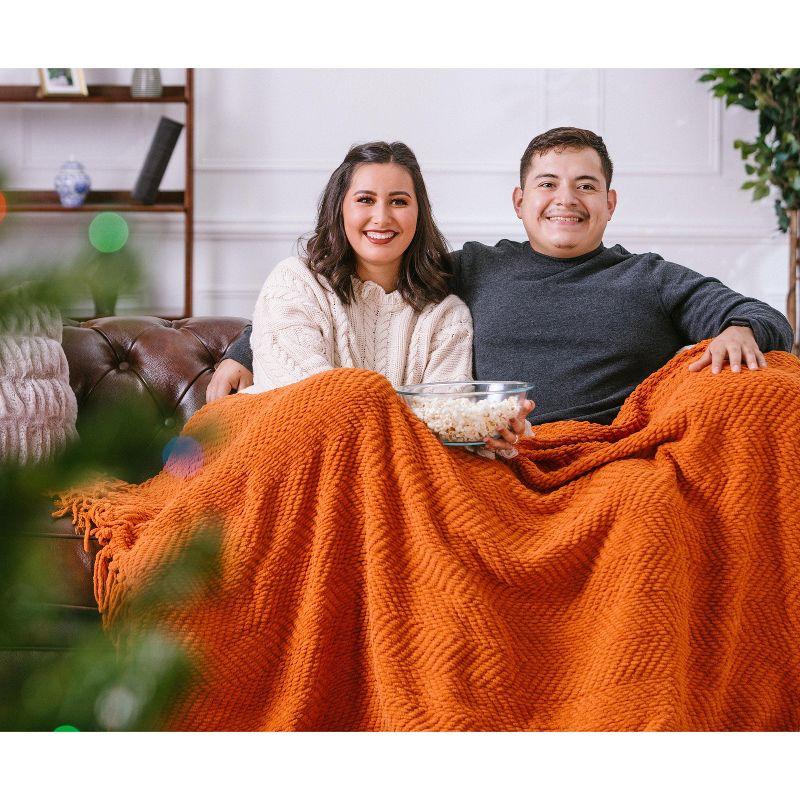 Chanasya Textured Knit Throw Blanket with Tassels - 60" x 70” - Orange