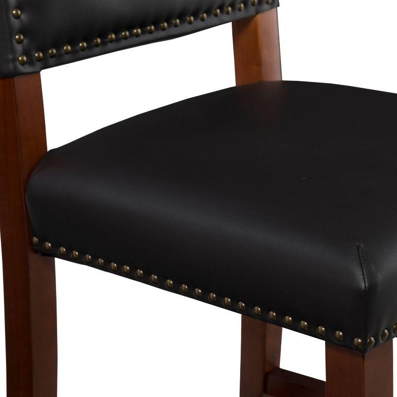 24" Brook Padded Back Faux Leather Nailhead Counter Height Barstool Black - Linon: Cherry-Stained Legs, Footrails