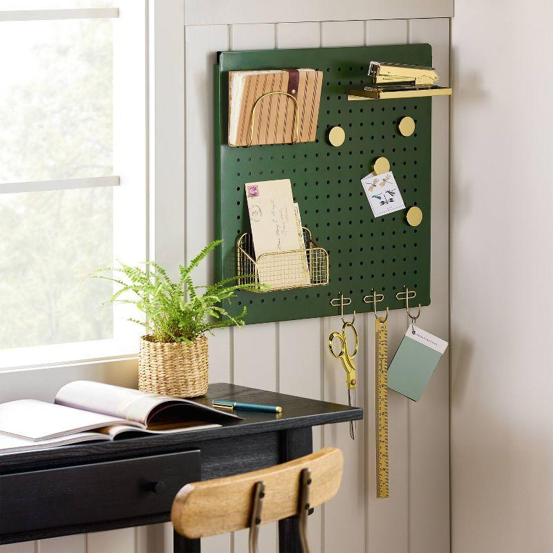 Large Green and Gold Metal Pegboard Wall Organizer Set