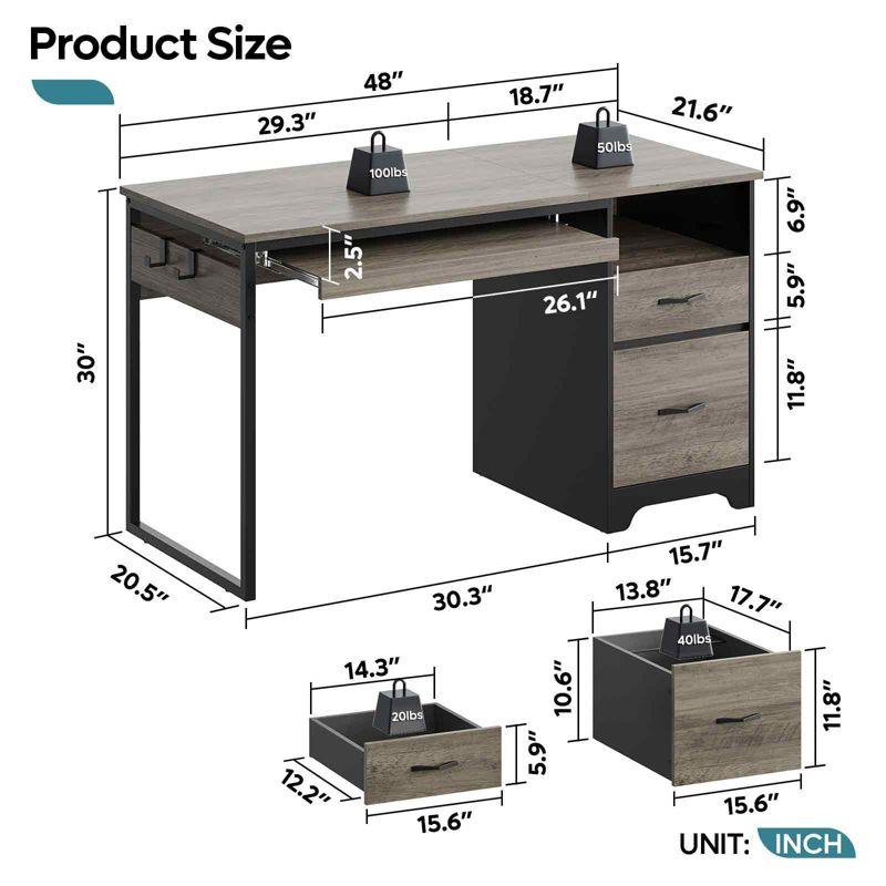 Bestier 48” Office Desk with Drawers, Computer Writing Desk with Keyboard Tray & 2 Hooks for Home Office, Gray