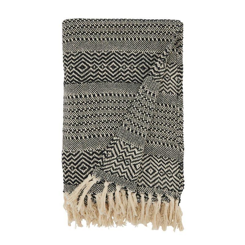 Black Cotton Stripe Diamond-Patterned Fringed Throw, 50"x60"