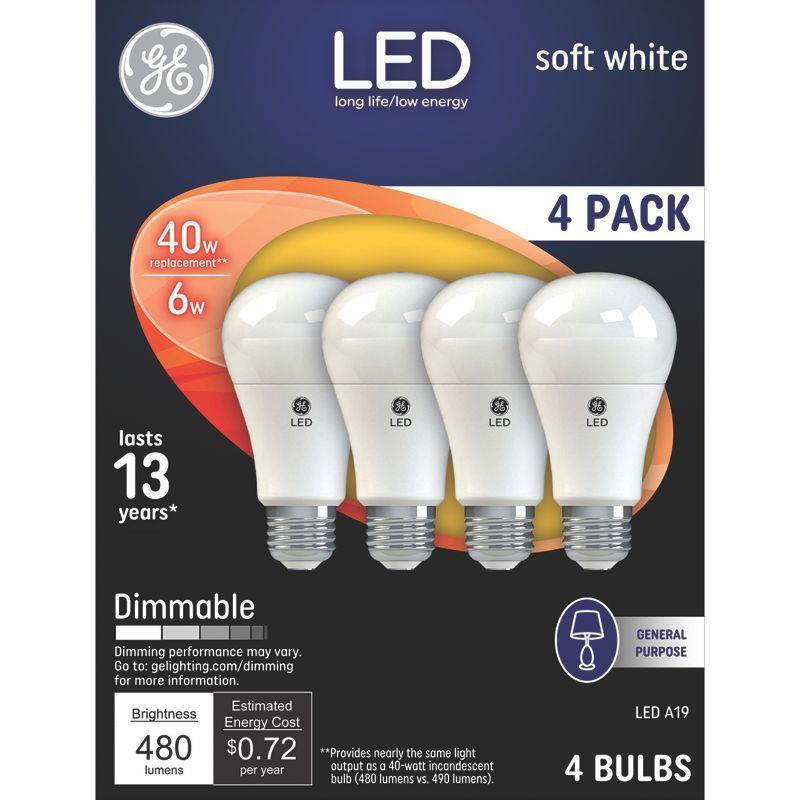 GE 4pk 40W A19 LED Light Bulb Soft White: Dimmable E26 Base, Energy Star Certified, 480 Lumens, 2700K, 13.7-Year Life