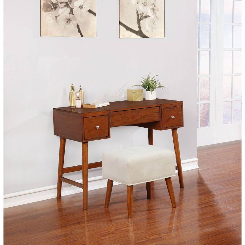 Viola Mid-Century Modern Flip-up Mirror 2 Drawer Vanity and Upholstered Stool Brown - Linon: Rubberwood, MDF, Lift-Top Storage