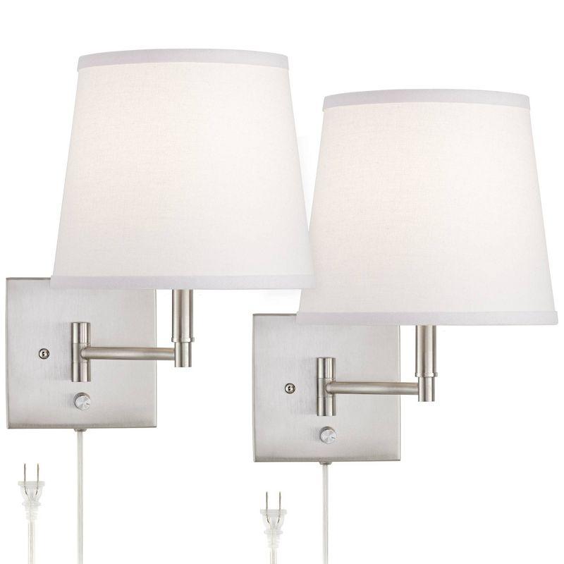 360 Lighting Lanett Modern Swing Arm Wall Lamps Set of 2 Brushed Nickel Plug-in Light Fixture White Empire Drum Shade for Bedroom Bedside Living Room