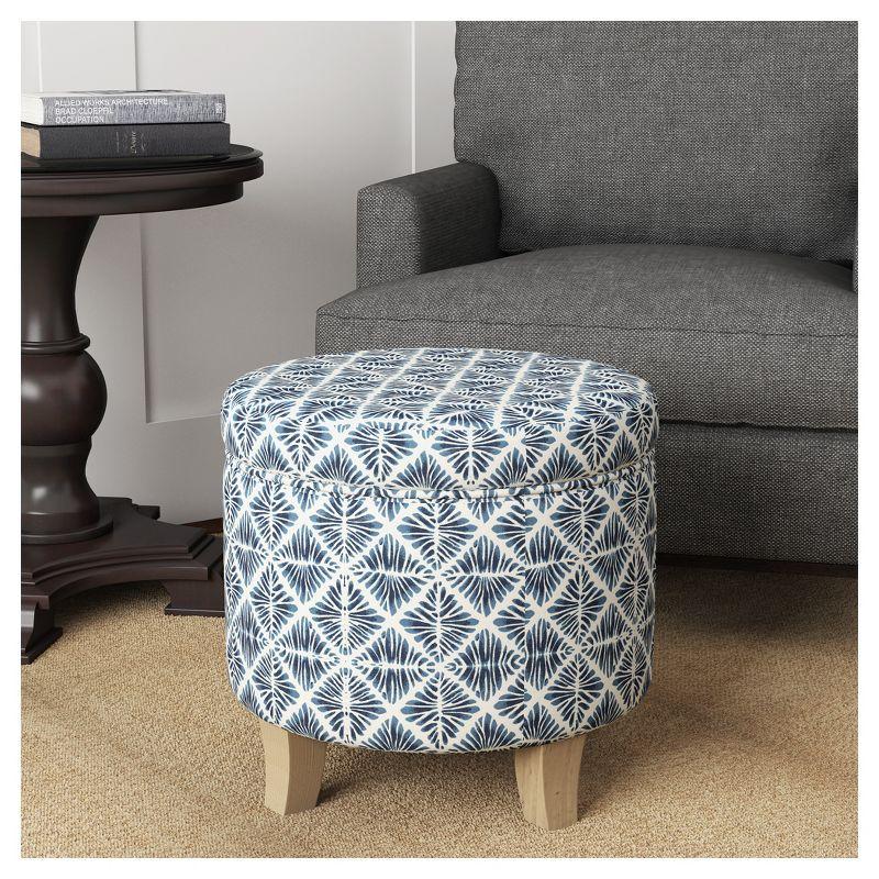 Classic Blue and White Round Storage Ottoman with Wooden Frame