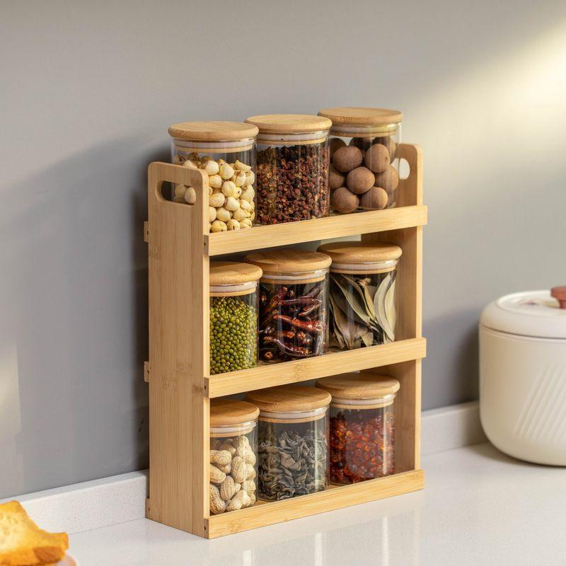 Rebrilliant Rebrilliant Versatile 3-tier Bamboo Spice Rack And Pantry Organizer With 9 Glass Jars – Perfect For Countertop Storage In Kitchens To Keep Seasoning Containers Neatly Displayed And Easily Accessible