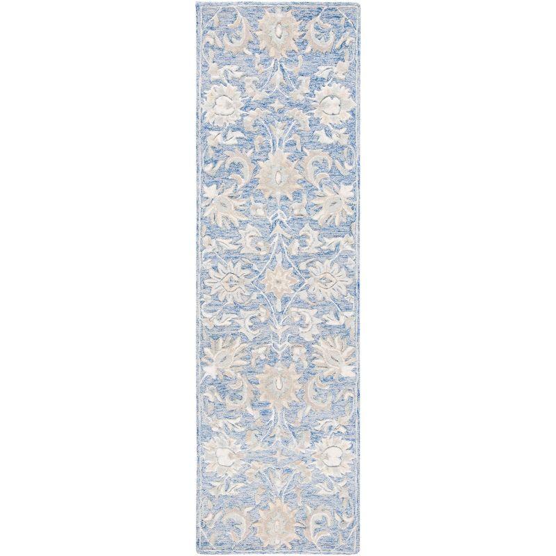 Blue and Beige Hand-Tufted Wool Floral Runner Rug