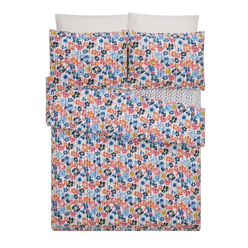 King White Cotton Reversible Floral Quilt Set