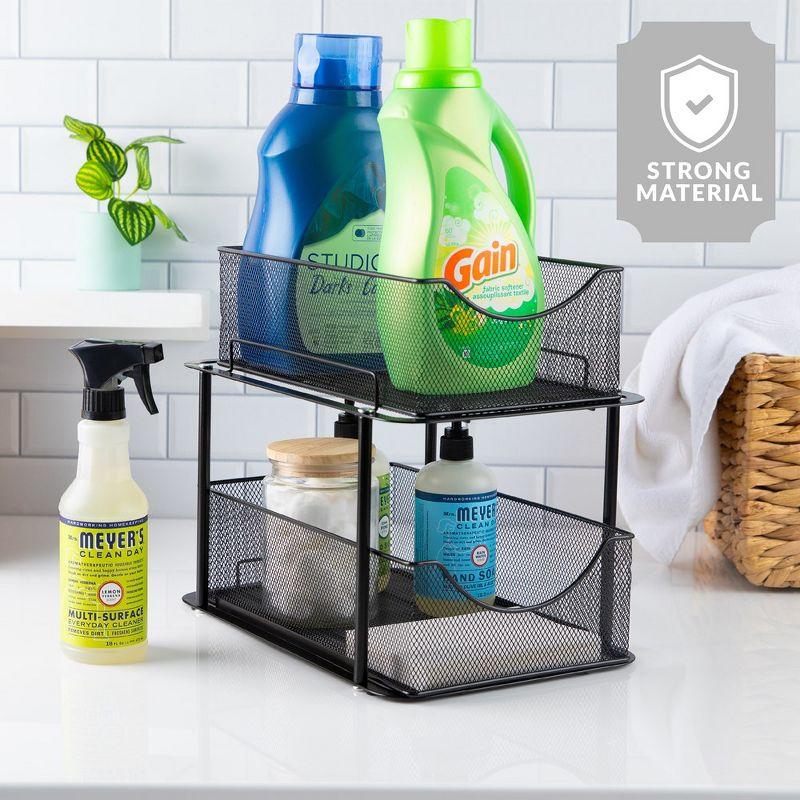 Sorbus 2 Pack 2 Tier Baskets with Mesh Sliding Drawers - Ideal Cabinet, Under the Sink, etc - Great for Bathroom, Kitchen, Office, etc. (Black)