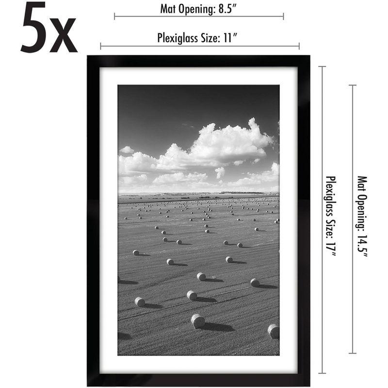 Americanflat 11x17 Picture Frame with Polished Plexiglass, Set of 5, Use as 9x15 Frame with Mat or 11x17 Frame Without Mat, Galleria Collection,Black