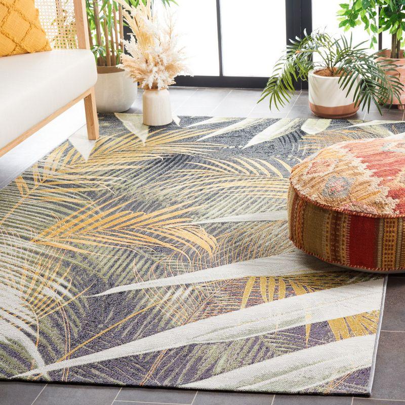 Black and Gold Tropical Synthetic Round Area Rug