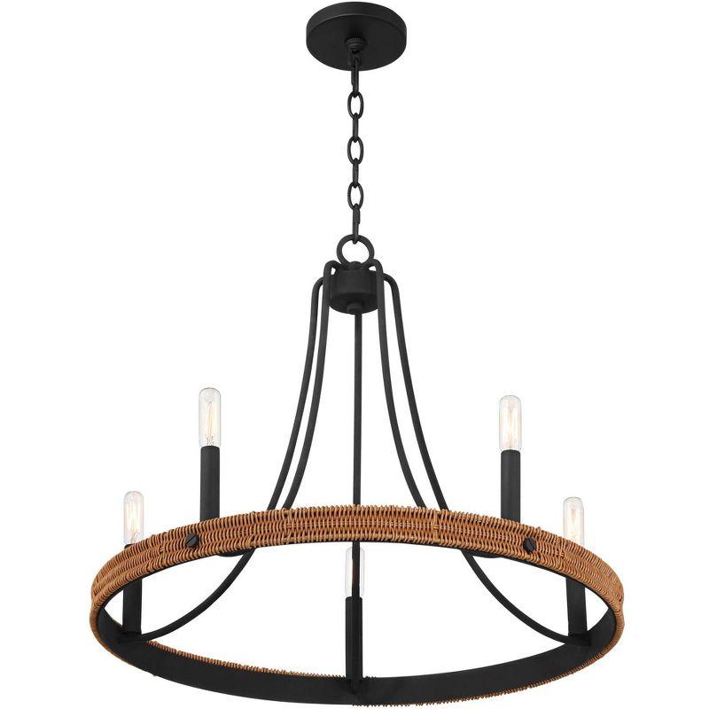 Franklin Iron Works Navarro Black Wagon Wheel Chandelier 24 1/2" Wide Farmhouse Rustic Wood Ring 5-Light Fixture for Dining Room