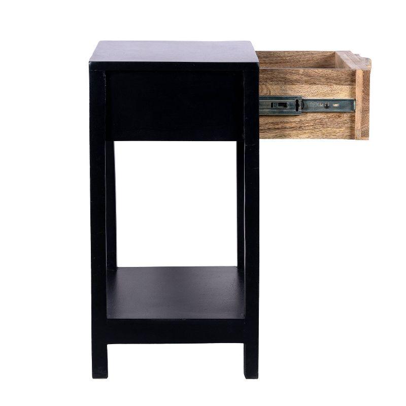 Benzara 22" Side Table with Rattan Front Drawer and Open Shelf Mango Wood Frame Black/Brown