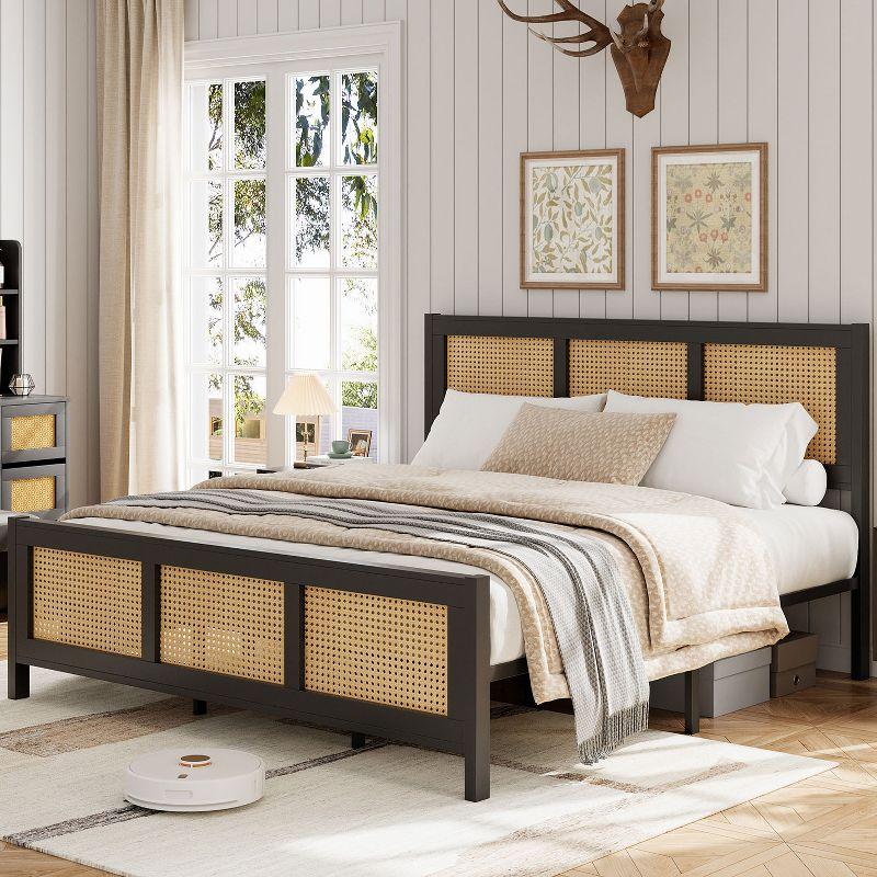 Garvee Rattan Bed Frame with Headboard, Full Bed Frame with Strong Metal Slats Support, Noise-Free Design, No Box Spring Needed, Black
