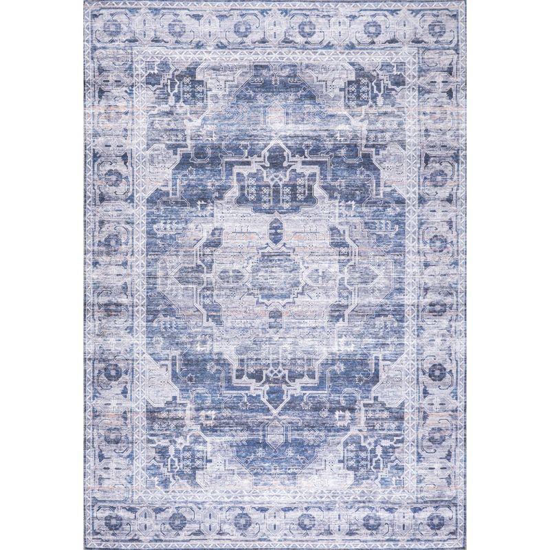 Navy and Cream Medallion 4' x 6' Reversible Washable Rug
