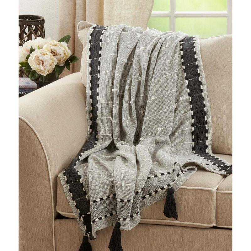 Saro Lifestyle Banded Border Tassel Throw, 50x60 inches, Black