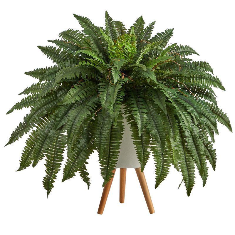 Modern Cascading Potted Fern in White Tripod Planter, 42" Tall