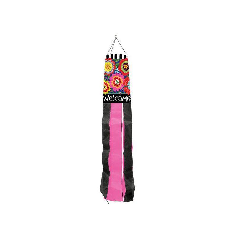 Bright Floral Spring Windsock with Pink and Black Tails