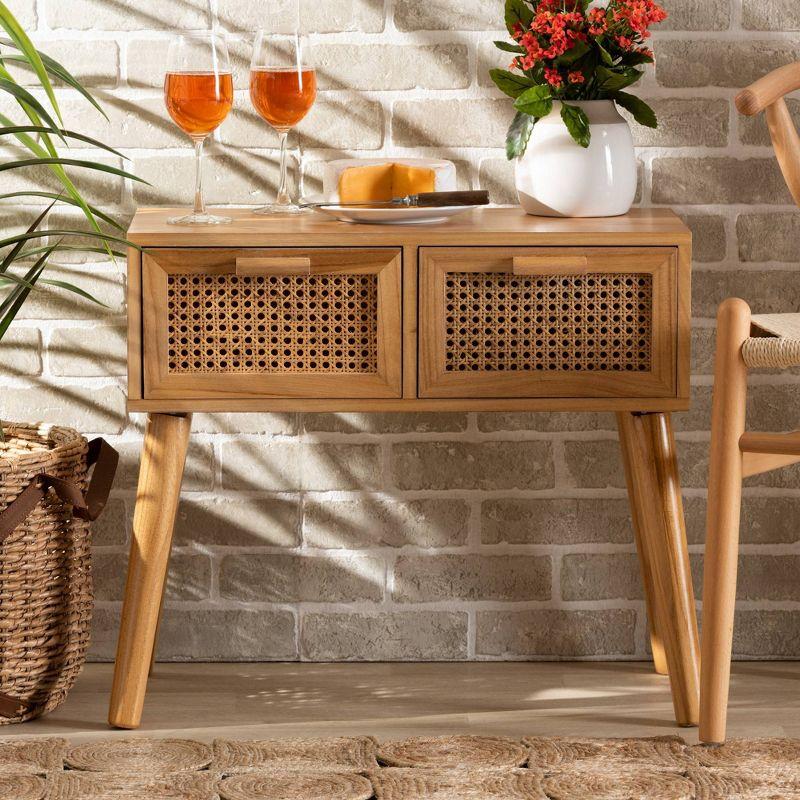 Mid-Century Oak Brown Wood Console Table with Rattan Drawers