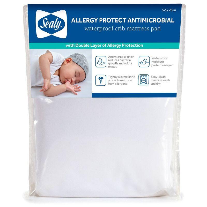 Sealy Baby Allergy Protect Antimicrobial Waterproof Fitted Baby Crib Mattress Protector Pad, Crib Mattress Pad Topper, 52" x 28" - White