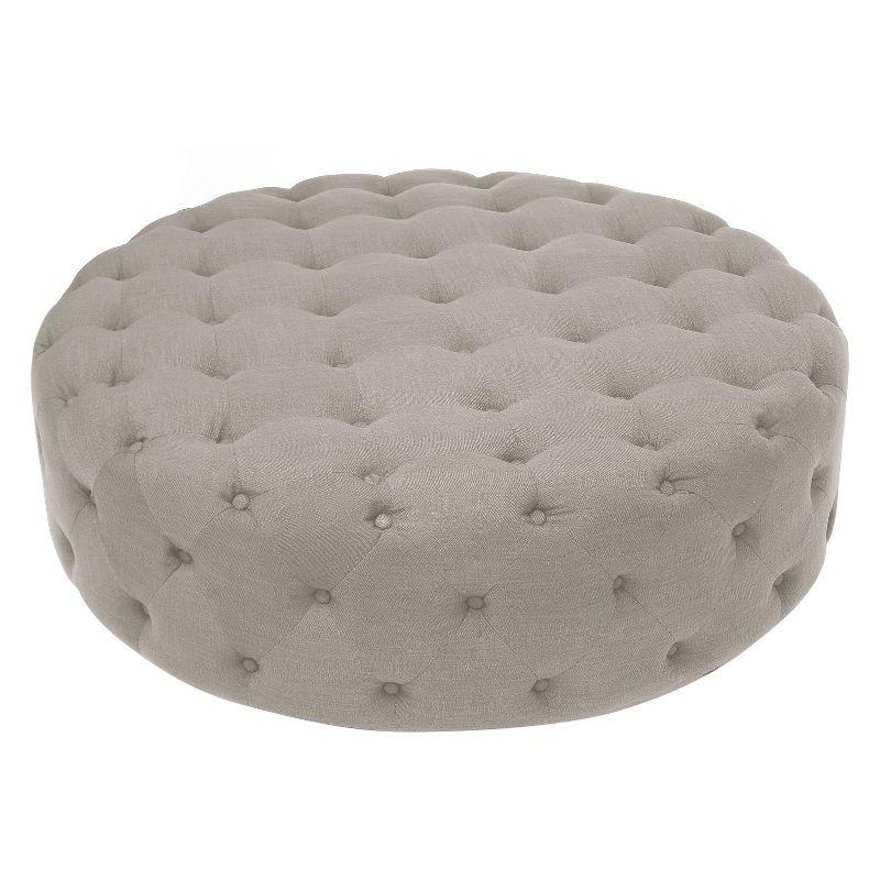 Cardiff Beige Linen 42" Round Tufted Ottoman