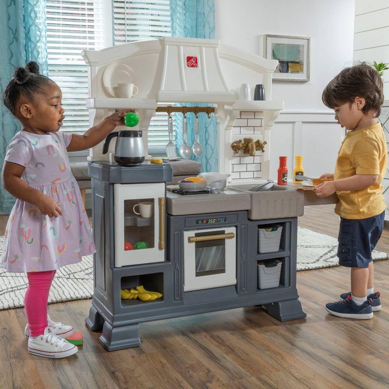 Step2 Gilded Gourmet Kitchen Playset For Kids Includes 20 Plus Toy Kitchen Accessories Interactive Features For Realistic Pretend Play White Blue Gray Modern Farmhouse Style Play Kitchen