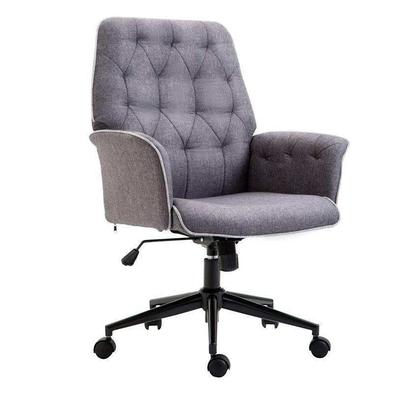 Elegant Mid-Back Gray Linen Swivel Task Chair with Metal & Wood Accents