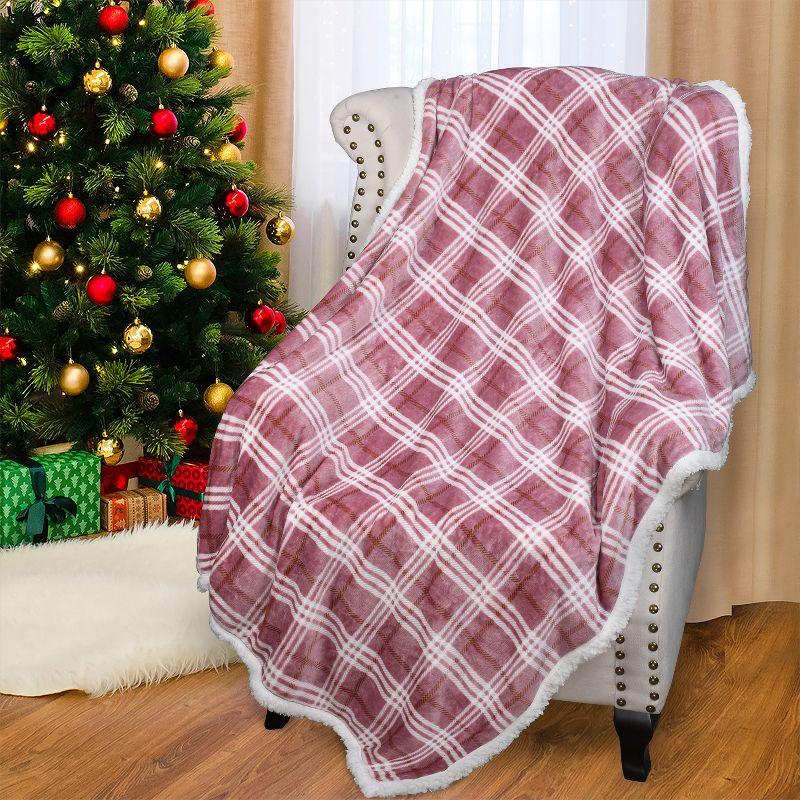 Plaid Pink Reversible Sherpa Fleece Christmas Blanket, 50x60 inches