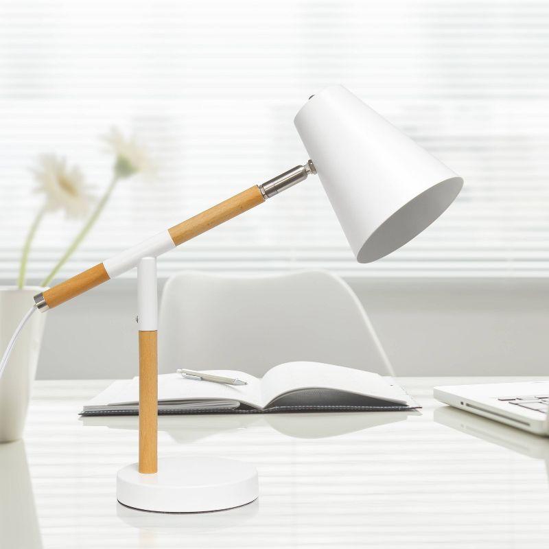 Matte White and Wood Adjustable Pivot Desk Lamp, 16.75" Height