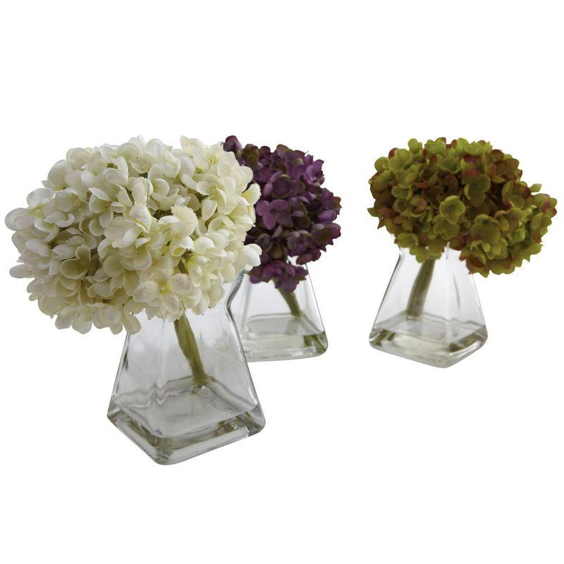 Nearly Natural Set of 3 Artificial Hydrangea Plant in Glass Vase: Faux Floral Decor, Indoor Tabletop Display