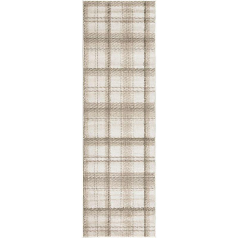 Ivory Beige Plaid Power-Loomed Runner Rug 2'3" x 7'6"