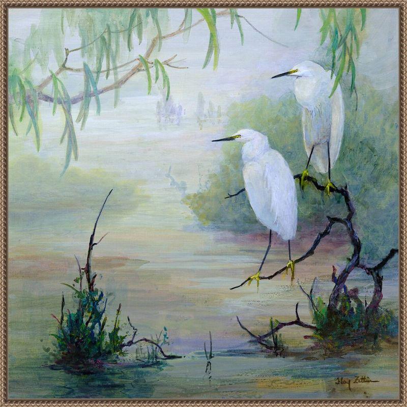 Snowy Egrets in Wetlands Bronze Framed Canvas Wall Art