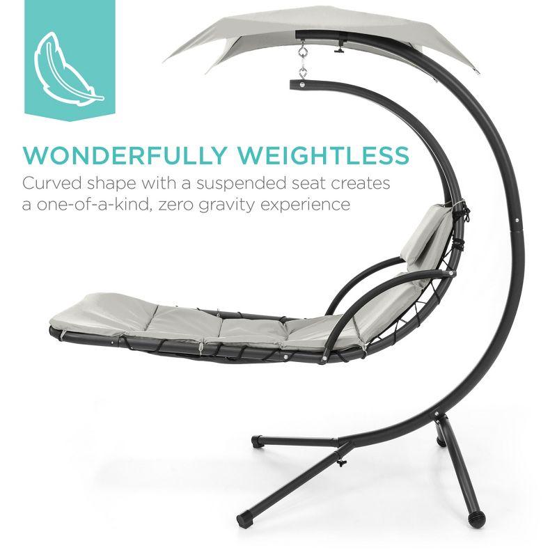 Best Choice Products Hanging Curved Chaise Lounge Chair Swing for Backyard, Patio w/ Pillow, Shade, Stand - White Sand