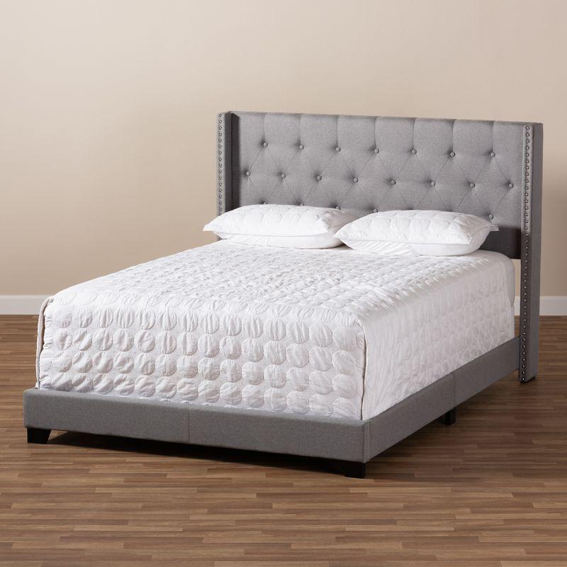 King-Sized Brady Bed with Nailhead Trim Light Gray Upholstered Frame