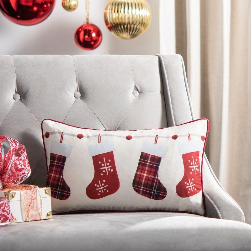 Holly Jolly Red and White Embroidered Holiday Pillow