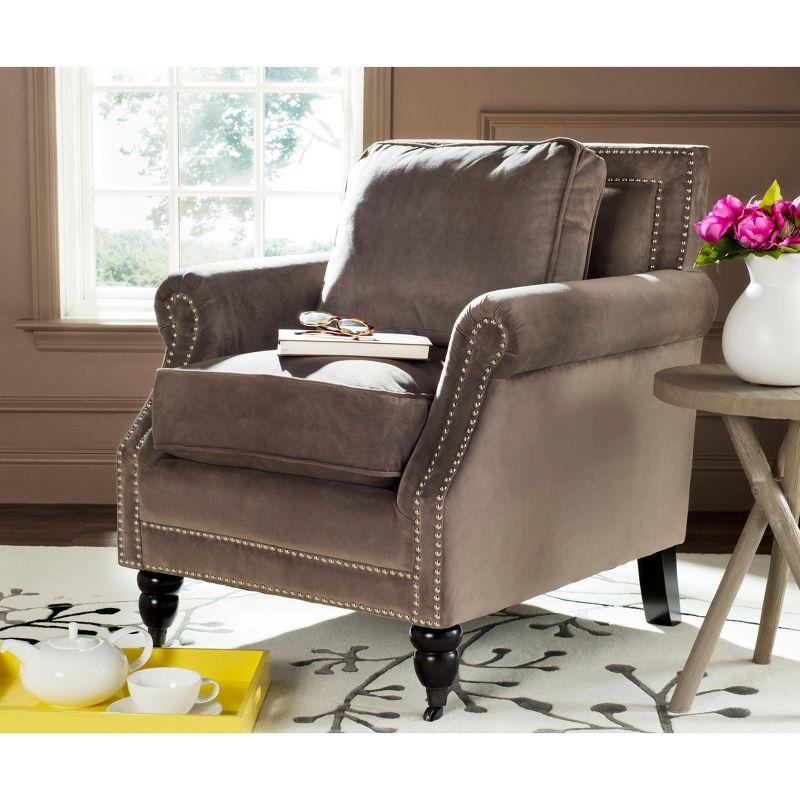 Modern Mushroom Taupe Wood Arm Chair with Silver Nail Head Detailing